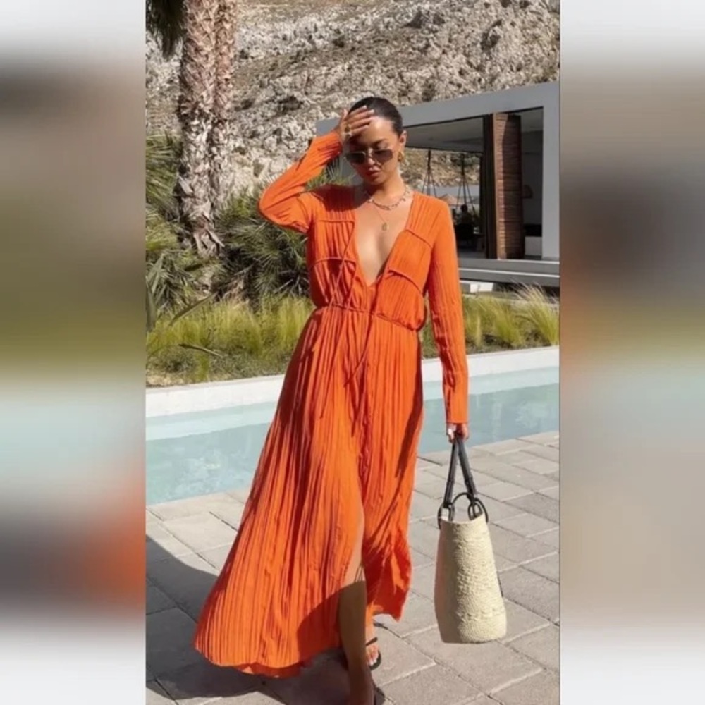 H&M Orange Pleated Wrap Sundress with Bishop Sleeves